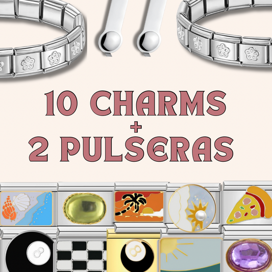 Paquete 10 Italian charms + 2 Italian bracelets + 2 herramientas+ 2 charm sorpresas de regalo