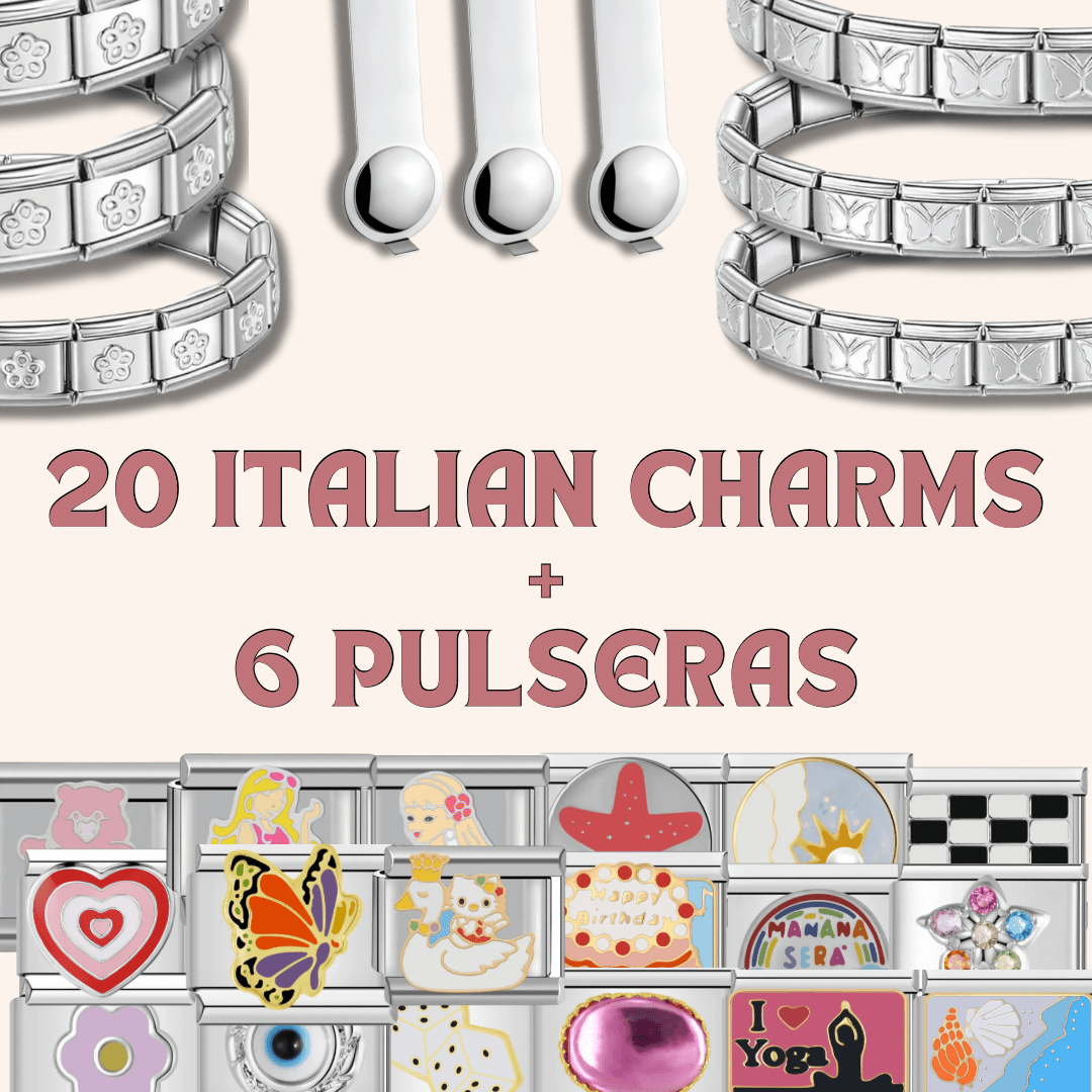 Paquete 20 Italian Charms +  6 Italian bracelet + 3 herramientas + 5 charms sorpresa gratis